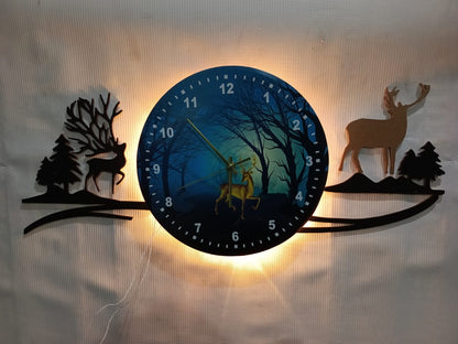 Forest figure Deer 3d wood Wall clock blue jungle with light Fancy Clocks for Bedroom and Drawing Room(with light)